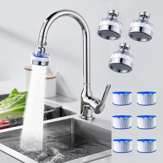 3Pack Universal 360 Degrees  Rotating Faucet Water Filter Kit With 6 Replacement Filter For Kitchen & Bathroom Sink